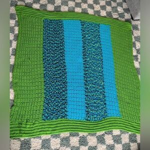 VTG Afghan Blanket Handmade Crocheted Hippie Boho Striped Blanket Green Blue